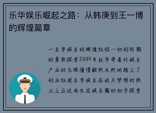 乐华娱乐崛起之路：从韩庚到王一博的辉煌篇章