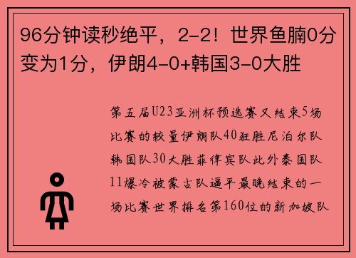 96分钟读秒绝平，2-2！世界鱼腩0分变为1分，伊朗4-0+韩国3-0大胜