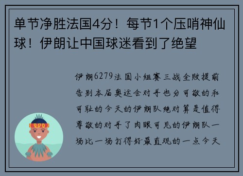 单节净胜法国4分！每节1个压哨神仙球！伊朗让中国球迷看到了绝望