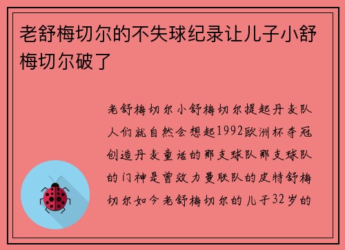 老舒梅切尔的不失球纪录让儿子小舒梅切尔破了