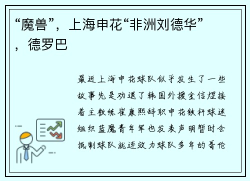“魔兽”，上海申花“非洲刘德华”，德罗巴